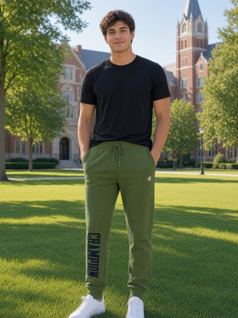 Champion Men Olive Green Pants Sport Casual Joggers Pockets Logo US XS